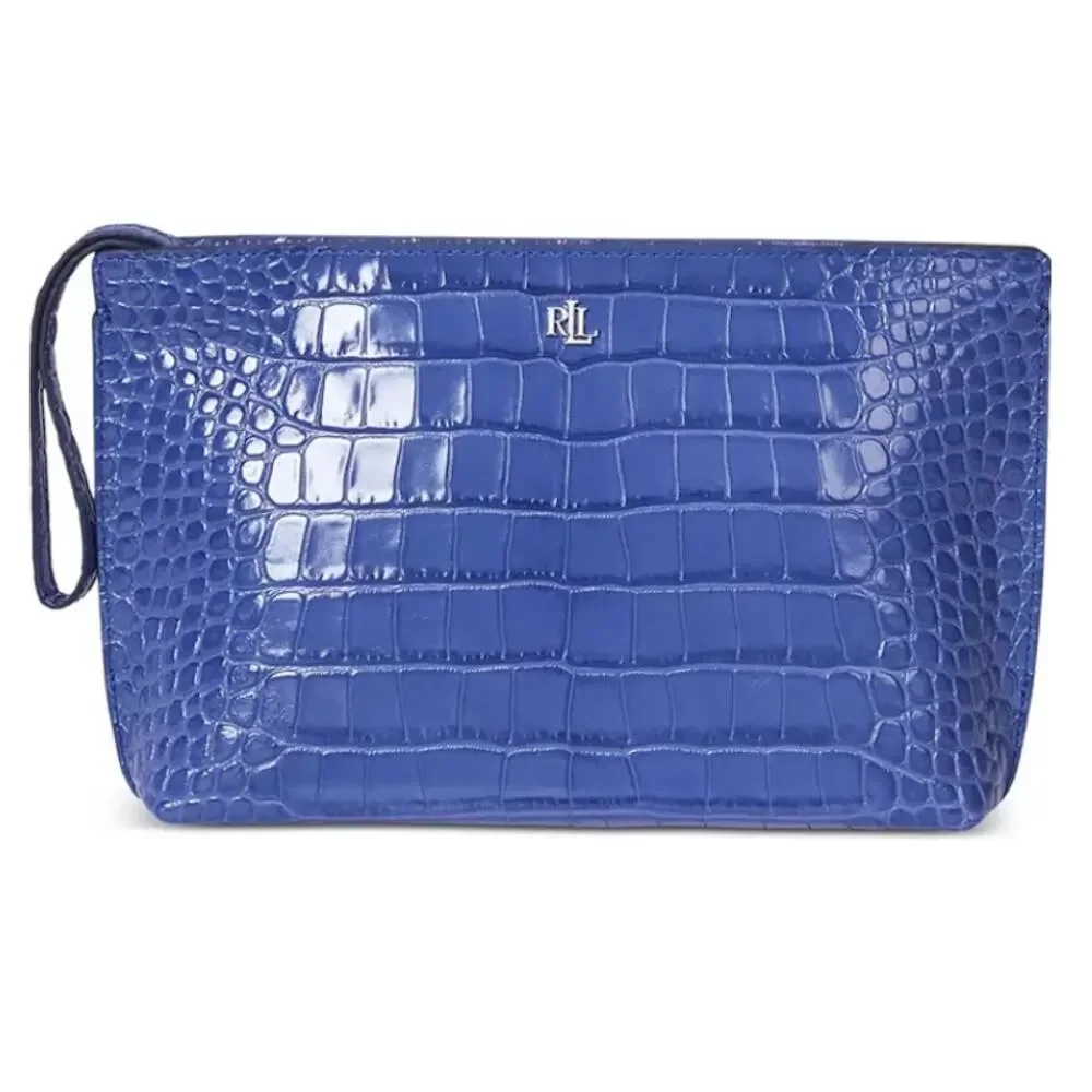 Ralph Lauren Large Blue Croc Embossed Leather Pouch RLL Zip Clutch NWT